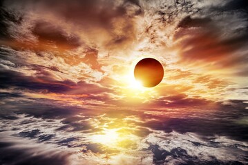 total solar eclipse in clouds, atmosphere . eclipse of the sun, beautiful phenomenon of nature