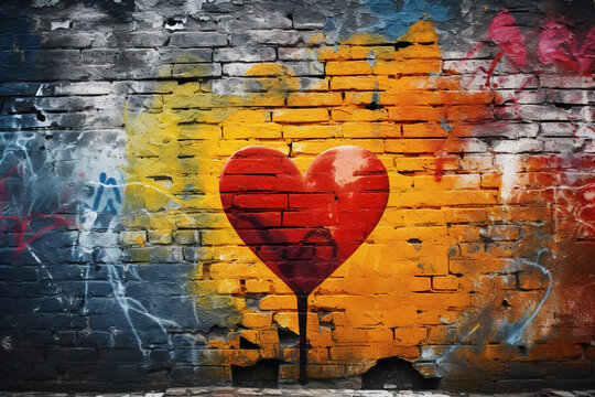 Fototapeta Abstract Colorful Street Art Graffiti, Hearts Love Graffiti on a Brick Wall Street Art Illustration. Texture Background Perfect for Valentines Day and Friendship Day. Ideal for Banner or Poster Design