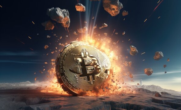 a bitcoin is starting to fall and a space ship is shin