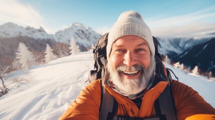 Fototapeta na wymiar Traveler influencer taking selfie during travel in winter season backpack on alps mountain comeliness