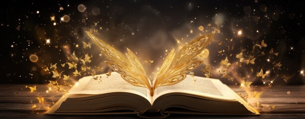 a book opened to reveal a butterflydraped book with magic wands and books - obrazy, fototapety, plakaty