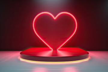Red Neon Lighting Heart Shape Love Podium, Perfect for Valentine's Day. Modern Empty Stage with Spotlight for Product Display. Line Art Glowing Heart Ideal for Advertisement Banner or Poster