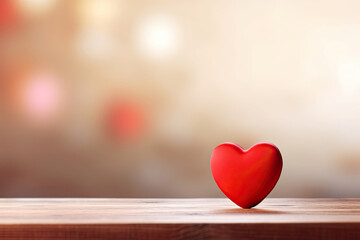Valentine's Day Red Heart on Wooden Table with Blur Bokeh Background. Friendship, Relationship, Wedding, and the Concept of Love