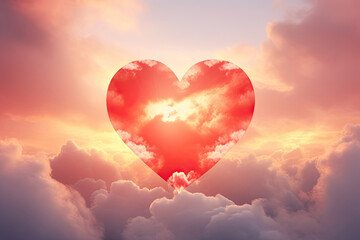 Fototapeta premium Valentine's Day Red Heart-Shaped Clouds at Evening Sunset. Beautiful Love Background with Copy Space