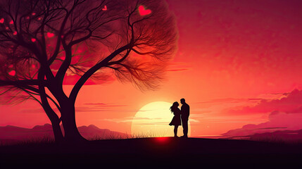 Valentine's Day Silhouette Loving Couple Hugging and Kissing, Fantasy Heart Shape Banner Illustration on Sunset Background