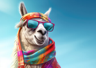a llama dressed up in bright colored sunglasses and a scarf