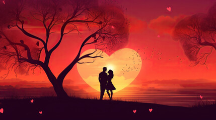 Valentine's Day Silhouette Loving Couple Hugging and Kissing, Fantasy Heart Shape Banner Illustration on Sunset Background