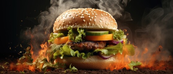 a burger with smoke and vegetables on it