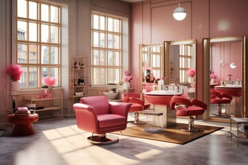 a salon room with pink furniture and chairs
