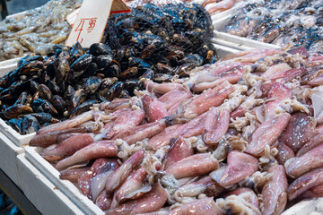 Fresh squids and mussels lying on ice counter at seafood market in Athens, Greece. Open shelf with calamary and bivalve molluscs on fish market. Close up © samael334