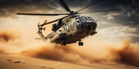 Naklejka premium a military helicopter flying over the sand