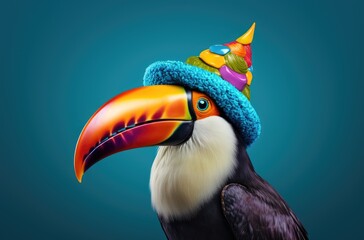 a colorful toucan wearing a birthday hat