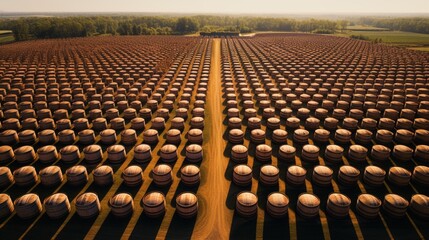Fototapeta premium Aerial view of rows of wine barrels, symbolizing the craftsmanship behind Virginia's finest wines