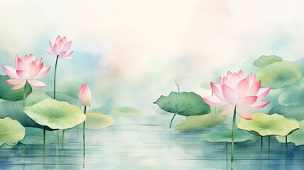 Water Lily Watercolor Painting, Pink Lotus Flowers for Greeting Cards or Wedding Invitations with Copy Space for Text