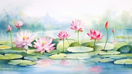 Water Lily Watercolor Painting, Pink Lotus Flowers for Greeting Cards or Wedding Invitations with Copy Space for Text