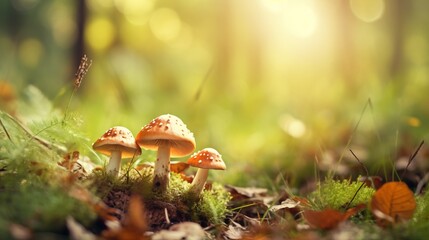 Enchanting macro view of autumn mushrooms in forest, surrounded by foliage.