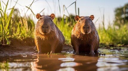 A close-up of capybaras in a field covered in greenery during daylight with sunlight shining on them.