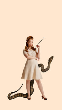 Contemporary art collage. Calm and confident woman dressed retro fashion dress with cigarette and behind he big snake against peach color background. Concept of feminine strength, wisdom, mystic.