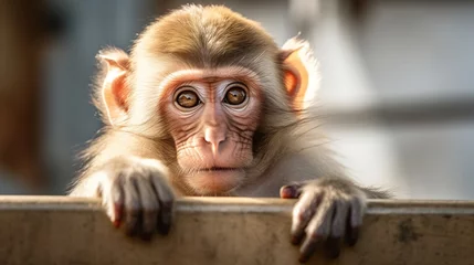 Zelfklevend Fotobehang A close-up shot shows a rhesus macaque monkey sitting on a metal railing and taking a bite. © Shabnam