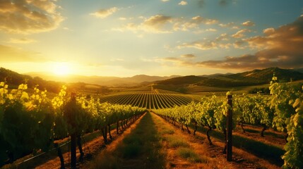 Vineyard landscape bathed in golden sunlight, a serene backdrop for wine enthusiasts