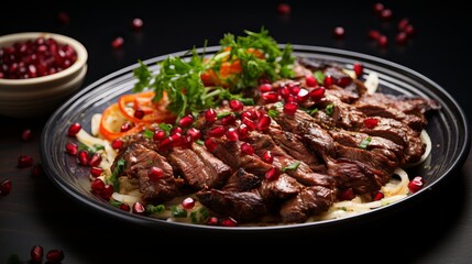 A dish of fried meat that features sliced onion and pomegranate