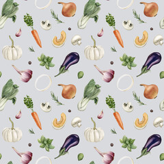 Watercolor seamless pattern with colorful vegetables and spices on light grey blue background. Design fabric, wrapping