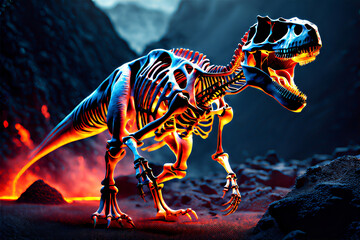 Dinosaurier T-Rex Skelett in einem Lavastrom Nacht