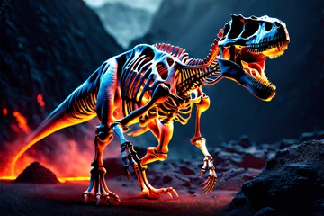 Badezimmer Foto Rückwand Dinosaurier T-Rex Skelett in einem Lavastrom Nacht © Pixelot