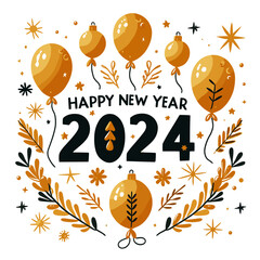 Simple folk style illustration of a happy new year 2024 with golden balloons - Greeting Card 2024