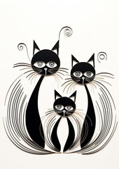 Charming illustration of stylized cats in black and white