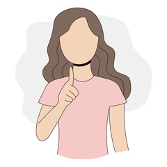 A story about something important. The girl shows a gesture of importance. Element for advertising. Exclamation mark. Note. Illustration for your designs. White isolated background.