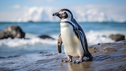Fototapeta premium An extremely close shot of a penguin on the seashore in uganda.