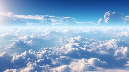 Magnificent nature vista of expansive white cumulus against a gentle morning sky, airplane view of billowy white clouds.