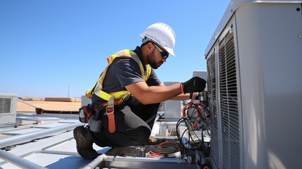 Skilled professional in repairing and maintaining cooling systems for industrial settings. - obrazy, fototapety, plakaty