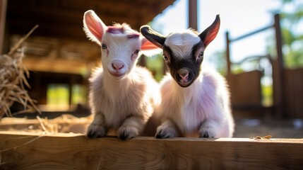 Naklejka na ściany i meble The farmhouse is home to cute goats.