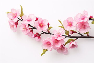 A cherry blossom-adorned branch isolated against a pristine white backdrop.