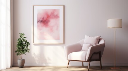 A pink velvet armchair with a picture frame that features abstract art