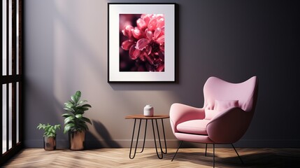 A pink velvet armchair with a picture frame that features abstract art