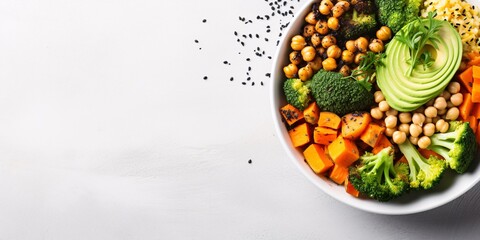 Nourishing plant-based bowl with avocado, mushrooms, broccoli, greens, chickpeas, and pumpkin on a bright surface. Salad from veggies. From above. - obrazy, fototapety, plakaty