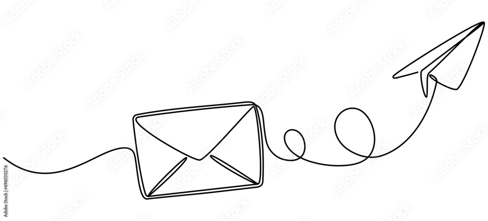 Poster paper plane with envelope continuous line drawing. email linear symbol. vector illustration isolated
