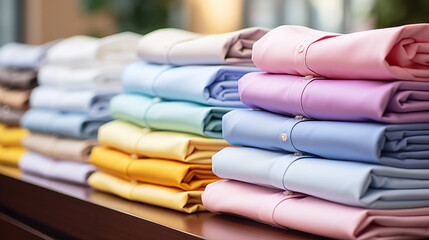 A stack of pressed men's shirts embodies quiet luxury