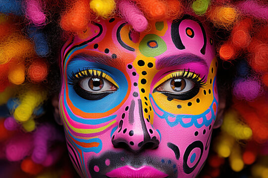 Portrait of a costumed woman with painted face celebrating carnival. Party of Colours: Capturing the Essence of Carnival