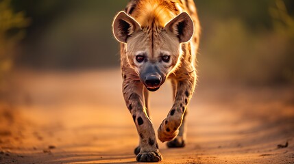 A spotted hyena walking on a dirt road is captured in a shallow focus shot with a blurry background.