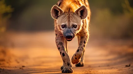  A spotted hyena walking on a dirt road is captured in a shallow focus shot with a blurry background. © Ruslan