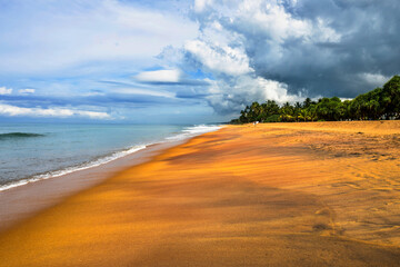 Orange beach, blue sea, cloudy sky and palm tree on horizon, Waskaduwa.