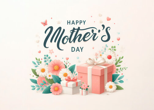 Happy Mother's Day, congratulatory illustration for mother's day, heart, flowers, gift
