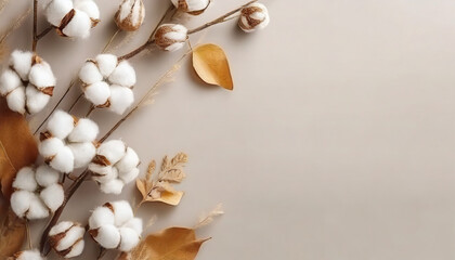 Border crafted from eucalyptus branches, cotton flowers, and dried leaves on a soft gray backdrop. Autumn-themed setup. Overhead view in a flat lay style