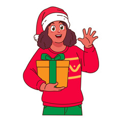 Black Woman in Christmas sweater and Santa hat holding a gift box