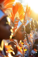 Fotobehang Vertical photo of a group of women in costume in a parade celebrating carnival. Brazilian Carnival © Jsanz_photo
