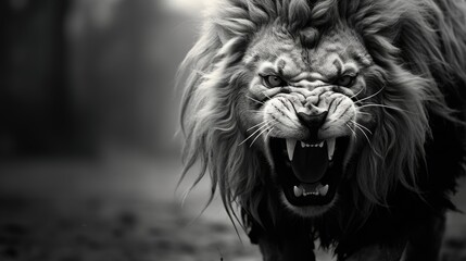 Close-up of the head of an aggressive lion ready to attack. Wild animal in monochrome style....
